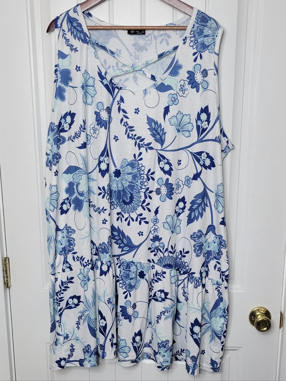 Blue & White Floral Midi Dress with Crisscross Neckline